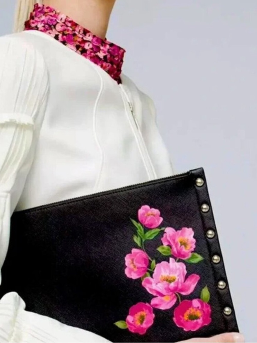 White House Black Market NWOT Black W/ Pink Floral detail studded trim